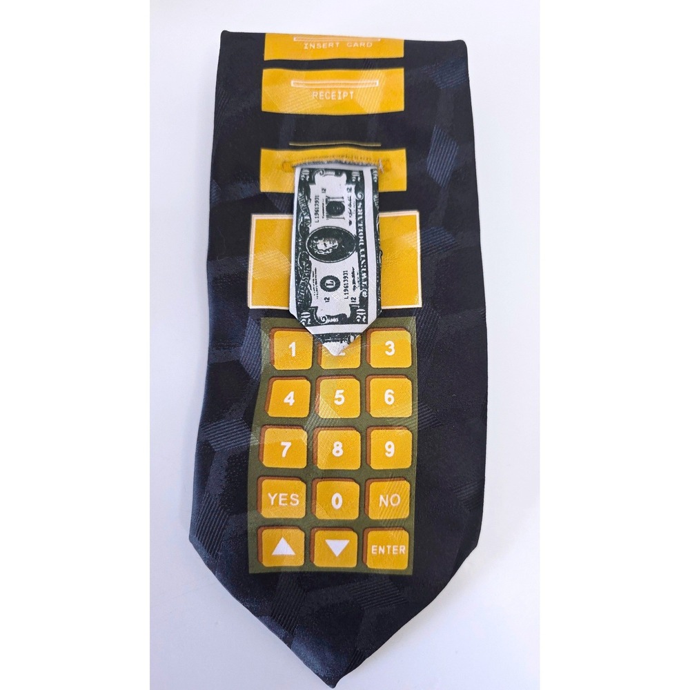 80s Slice of Life Neckwear ATM Machine Novelty Tie Black Yellow Money Tail Theme